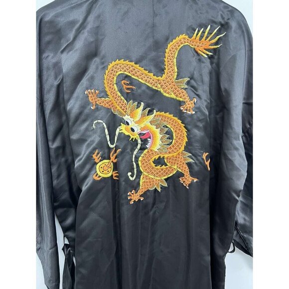 Vintage Asian Golden Silk Dragon Embroidered Chinese Robe Black Kimono One Size - Picture 3 of 10
